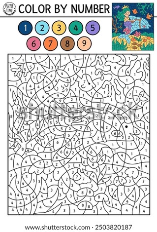 Vector mermaid color by number activity with cute sea princess riding dolphin. Marine landscape scene. Black and white counting game. Ocean kingdom coloring page for kids with water animal
