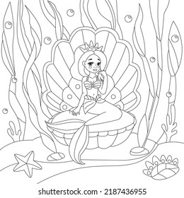 Vector mermaid coloring page. Underwater world coloring book.  Children's coloring book