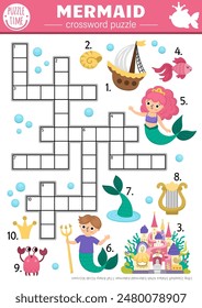 Crucigrama de sirena de Vector para niños. Prueba marina con el hombre del agua, barco, palacio, pez, cangrejo para los niños. Cute océano cuento de hadas reino educativo crucigrama actividad con princesa del mar
