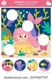 Vector mermaid cut and glue activity. Ocean kingdom crafting game with cute sea princess and marine landscape. Fill up the scene with round sticker. Find the right piece of puzzle. Complete picture