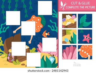 Vector mermaid cut and glue activity. Ocean kingdom crafting game with cute sea princess and marine landscape. Fill up the scene with square sticker. Find the right piece of puzzle. Complete picture