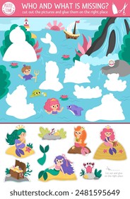 Vector mermaid cut and glue activity. Crafting game with cute lagoon landscape with sea princess. Fun marine printable worksheet for children. Find the right piece of the puzzle. Complete the picture
