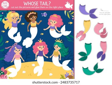 Vector mermaid cut and glue activity. Crafting game with cute underwater landscape with sea princess colored tails. Fun marine printable worksheet for children. Find the right piece of the puzzle
