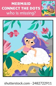 Vector mermaid dot-to-dot and color activity with sea princess, turtle, colored underwater scene. Ocean kingdom connect the dots game for children. Marine what is missing printable worksheet