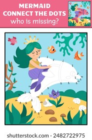 Vector de sirena punto a punto y actividad de color con princesa de mar, delfín, escena submarina de color. Ocean kingdom conecta el juego de puntos para los niños. Marine lo que falta en la hoja de trabajo imprimible