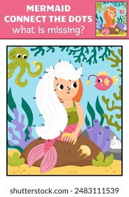 Vector mermaid dot-to-dot and color activity with sea princess, colored underwater scene. Ocean kingdom connect the dots game for children. Marine what is missing printable worksheet
