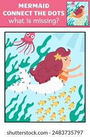 Vector mermaid dot-to-dot and color activity with sea princess, colored underwater scene. Ocean kingdom connect the dots game for children. Marine what is missing printable worksheet