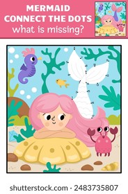 Vector mermaid dot-to-dot and color activity with sea princess, colored underwater scene. Ocean kingdom connect the dots game for children. Marine what is missing printable worksheet