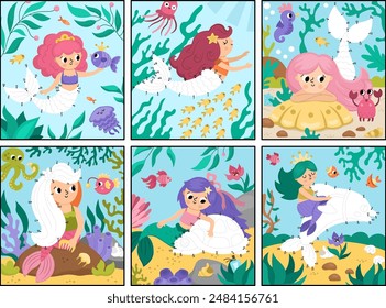 Vector de sirena punto a punto y color de la actividad conjunto con la princesa del mar, escena submarina de color. Ocean kingdom conectar la colección de juegos de puntos para niños. Marine lo que falta en la hoja de trabajo imprimible