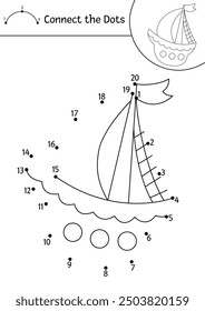 Vector mermaid dot-to-dot and color activity with cute ship. Ocean kingdom connect the dots game with water transport. Marine coloring page for kids. Underwater printable worksheet
