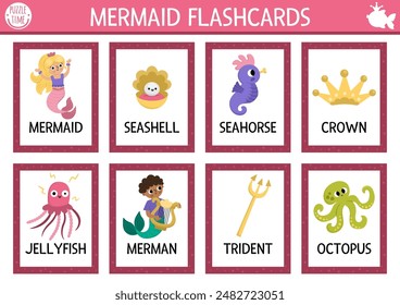 Vector mermaid flash cards set with sea princess, octopus, trident, merman. Ocean kingdom English language game for kids. Marine fairytale flashcards. Educational printable worksheet
