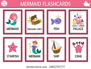 Vector mermaid flash cards set with sea princess, palace, ship, merman, fish. Ocean kingdom English language game for kids. Marine fairytale flashcards. Educational printable worksheet
