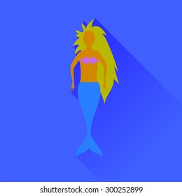 Vector Mermaid Icon Isolated on Blue Background. Long Shadow