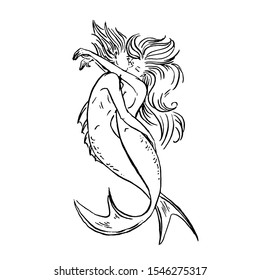 Vector Mermaid illustration black isolated on white, coloring page or fairy tale illustration, mermaids lovers couple of man and woman kissing and hugging