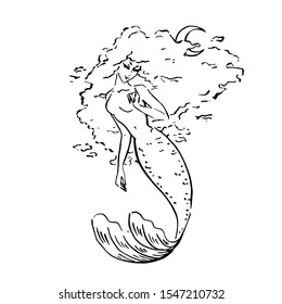 Vector Mermaid illustration black isolated on white, coloring page or fairy tale illustration, mermaid with clouds hair and young moon