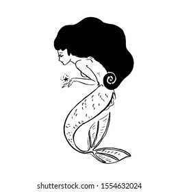 Vector Mermaid illustration black isolated on white, coloring page or fairy tale illustration, mermaid holds star and night sky in her hair