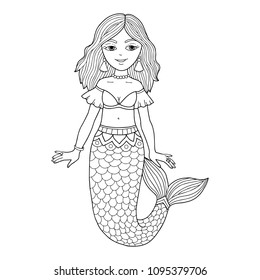 Vector mermaid illustration, perfect for the coloring page or book for kids and adults. Fairy tale creature.