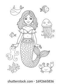Vector mermaid illustration with sea animals - octopus, jellyfish, crab, whale and fish, perfect for the coloring page or book for kids and adults. Fairy tale creature.