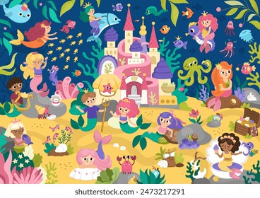 Vector mermaid land landscape illustration with castle, fish, seaweeds, treasure, princes and princesses. Under the sea, ocean kingdom scene. Cute horizontal fairytale or water nature background
