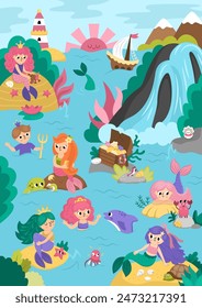 Vector mermaid land landscape illustration. Marine prince and princesses lagoon background with waterfall, rocks, treasure chest. Fairytale ocean kingdom vertical scene 
