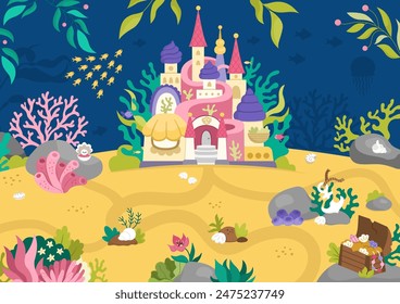 Ilustración de la tierra de la sirena del Vector con el castillo, el pez, las algas, el tesoro. Bajo el mar o el océano reino escena. Fondo de naturaleza de agua Horizontal linda. Cuadro de cuento de hadas acuático para niños
