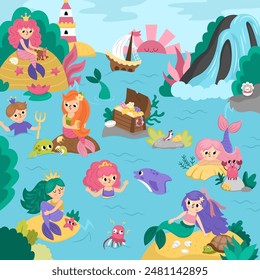 Vector mermaid landscape illustration. Marine prince and princesses lagoon background with waterfall, lighthouse, sunset, ship, treasure chest. Fairytale ocean kingdom square scene 
