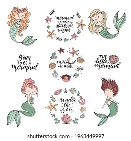 Vector mermaid lettering and wreath isolated on white background