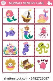Vector mermaid memory game cards with cute sea princess, palace, merman. Ocean kingdom matching activity. Remember and find correct card. Simple marine fairytale printable worksheet for kids
