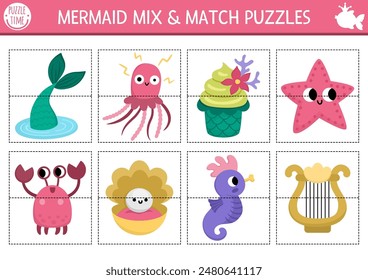 Vector mermaid mix and match puzzle with cute sea animals. Matching fairytale ocean kingdom activity for preschool kids. Marine educational printable game with fish tail, seahorse, crab, harp