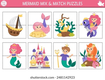 Vector mermaid mix and match puzzle with cute sea princess. Matching fairytale ocean kingdom activity for preschool kids. Marine educational printable game with merman, ship, palace, seahorse, anchor
