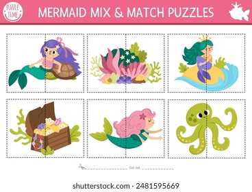 Vector mermaid mix and match puzzle with cute sea princess. Matching fairytale ocean kingdom activity for preschool kids. Marine educational printable game with treasure chest, octopus, seaweeds
