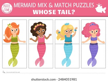 Vector mermaid mix and match puzzle with cute mermaids and colored tails. Matching fairytale ocean kingdom activity for preschool kids. Marine color recognition educational printable game
