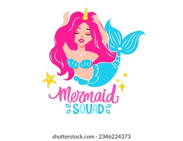 Sirena vectorial con el pelo rosado e Ilustración de cola azul aislada en fondo blanco. Frase de la Escuadrón de la Sirvienta. Impresión de las chicas adorables con dibujos animados.