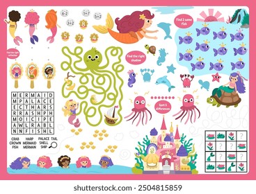 Vector mermaid placemat for children. Ocean kingdom printable activity mat with maze, word search puzzle, shadow match, find difference. Underwater play mat, menu, kids magazine spreadsheet
