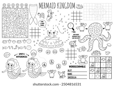 Vector mermaid placemat for kids. Ocean kingdom printable activity mat with maze, tic tac toe charts, connect dots, find difference. Underwater princess black and white play mat, coloring page