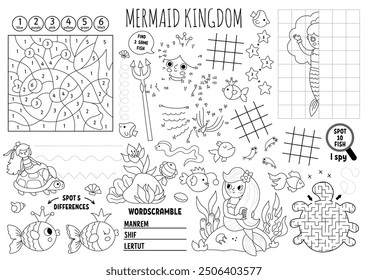 Vector mermaid placemat for kids. Ocean kingdom printable activity mat with maze, tic tac toe charts, connect the dots, find difference. Underwater princess black and white play mat, coloring page
