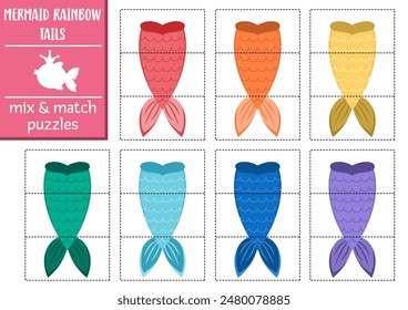 Vector mermaid rainbow mix and match puzzle with cute fish tails. Matching fairytale ocean kingdom activity for preschool kids. Marine color recognition educational printable game
