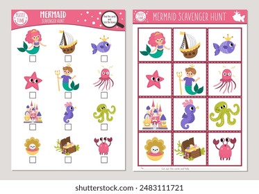 Vector mermaid scavenger hunt cards set. Seek and find game with cute sea princess, castle, merman for kids. Ocean kingdom searching activity. Simple marine educational printable worksheet
