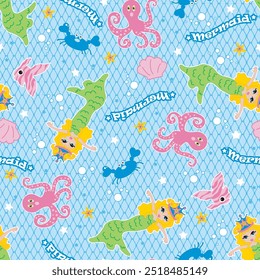 vector mermaid and sea creatures kids seamless patter