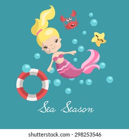 Vector mermaid in the sea (greeting card)