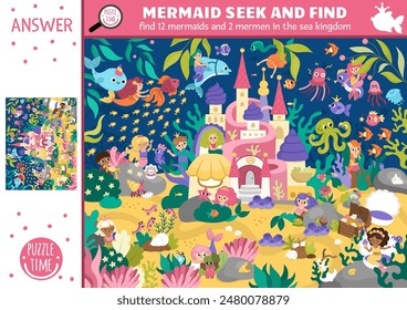 Vector mermaid searching game with fairytale ocean kingdom landscape and palace. Spot hidden princess in the picture. Simple marine seek and find educational printable activity for kids
