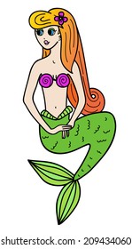 Vector mermaid sitting on the treasure chest, colour illustration isolated on white