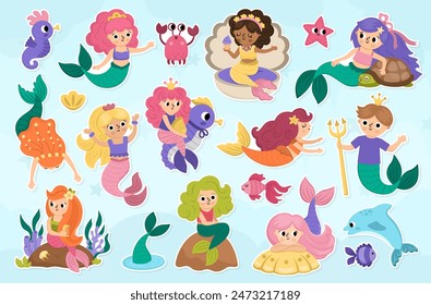 Conjunto de pegatinas de sirena de Vector. Reino submarino parches de colección con la princesa del océano, príncipe. Personajes de cuento de hadas marinos de dibujos animados para niños. Clipart de aventuras acuáticas con sirenas
