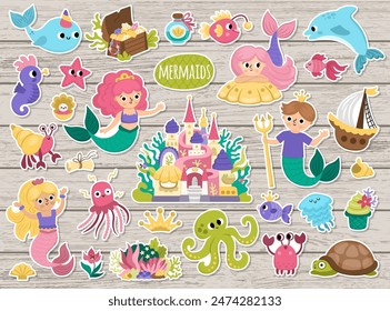 Conjunto de pegatinas de sirena de Vector. Reino submarino parches de colección con princesa, peces, castillo, animales, tesoro, tortuga. Dibujos animados personajes de cuento de hadas marinos sobre fondo de madera
