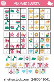 Vector mermaid sudoku puzzle for kids with pictures. Simple marine quiz with cut and glue elements. Education activity or coloring page with fish, tail, crab, harp, seaweeds. Draw missing objects
