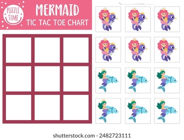 Vector mermaid tic tac toe chart with sea princess riding seahorse, dolphin. Ocean kingdom board game playing field. Funny marine fairytale printable worksheet. Noughts and crosses grid