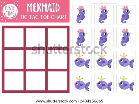 Vector mermaid tic tac toe chart with purple fish and seahorse. Ocean kingdom board game playing field with cute characters. Funny marine fairytale printable worksheet. Noughts and crosses grid
