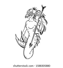 Vector mermaid tribal warrior with spear and scull helmet, black ink sketch illustration isolated on white, coloring page or fairy tale book