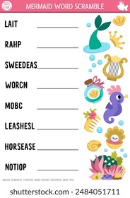 Vector mermaid word scramble activity page. English language game with sea princess tail, seahorse for kids. Ocean kingdom family quiz with vehicles. Marine educational printable worksheet
