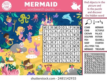 Vektorgrafik Meerjungfrau WordSearch Puzzle für Kinder. Marine Wortsuche Quiz mit Unterwasserlandschaft. Ocean Märchenreich Erziehungsaktivität mit Meermann, Fisch, Krabbe, Palast. Nettes Kreuzworträtsel